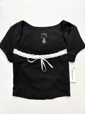 NWT PacSun Black Crop Top with White Lace Ribbon